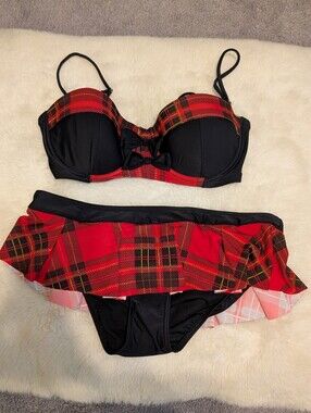 Hot Topic Black Red School Girl Style Plaid Skirt Bow Bikini
